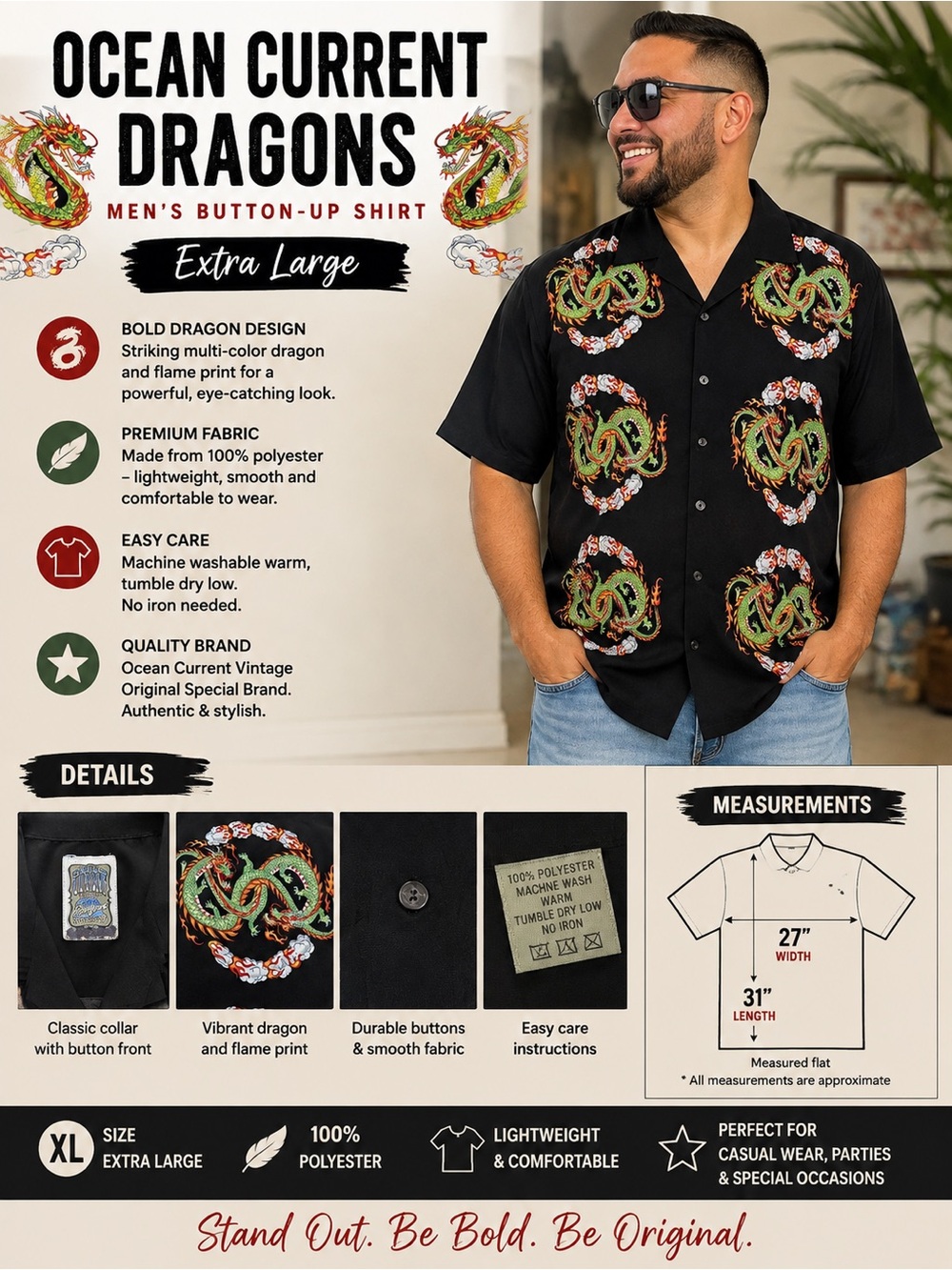 Ocean Current Vintage Men's Size XL Asian Dragons Short Sleeve Button Up Shirt